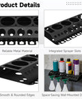 Wall Mounted Spray Bottle Holder Garage Organizer, black metal with spray can slots and hooks, installed with spray bottles.
