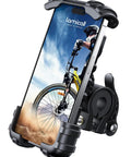 Heavy Duty Motorcycle Mount and Bike Phone Holder with One Hand Lock That Eats up Bumps is shown holding a smartphone securely.