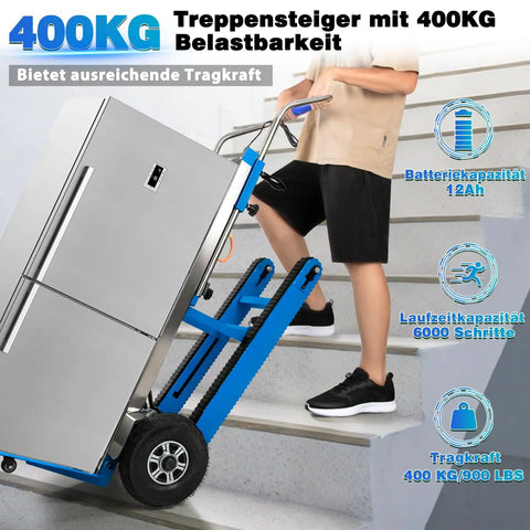 Heavy Duty Electric Stair Climbing Dolly With Powerful 1250W Motor And Telescopic Handle, Folding Hand Truck For Effortless Furniture Moving Holds 900lbs Max Load, Perfect For Tough Jobs up stairs with a refrigerator.