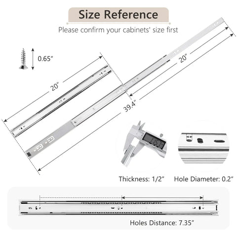 Size reference for Six Pairs Heavy Duty 20 Inch Drawer Slides With Full Extension Rails And Glides Ball Bearing Side Mount