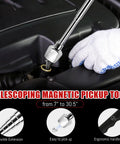 Telescoping Magnetic Pickup Tool used in car engine, showing flexible extension and ergonomic handle design.