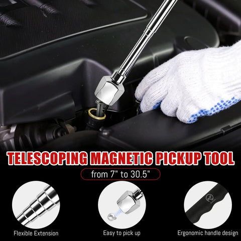 Telescoping Magnetic Pickup Tool used in car engine, showing flexible extension and ergonomic handle design.