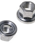 Two Pack 3/8-26 Bicycle Wheel Axle Nuts For Mountain Bikes, Flange Front Hub Bolts, chrome-plated iron, top view