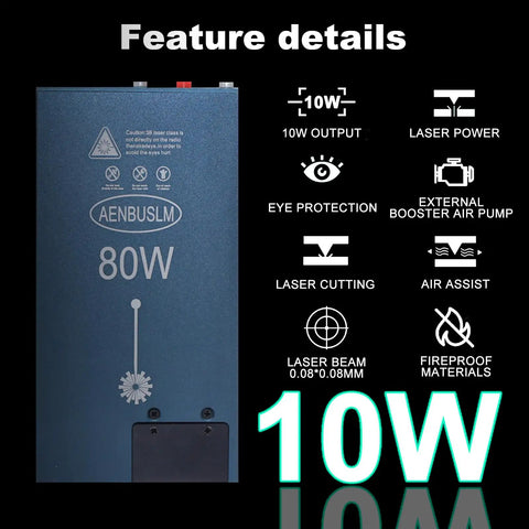 80W Laser Module With Built In Air Assist And Fixed Focus, 10W Optical Output, front view with feature details.
