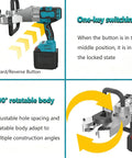 Heavy Duty Cordless Electric Rebar Threader With Brushless Motor showing forward/reverse button and rotatable body for construction use.