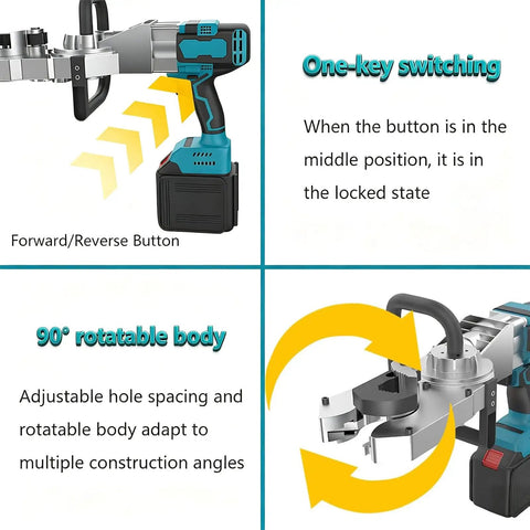 Heavy Duty Cordless Electric Rebar Threader With Brushless Motor showing forward/reverse button and rotatable body for construction use.
