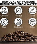 Image showing coffee beans with icons depicting removal of chlorine, residue, taste, rust, and sediment impurities from water.