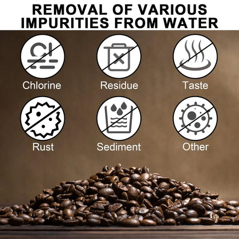 Image showing coffee beans with icons depicting removal of chlorine, residue, taste, rust, and sediment impurities from water.