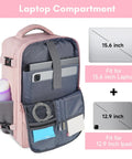 Pink Women Travel Backpack Carry On With Shoe Compartment And Water Bottle Pocket, TSA 15.6 Inch Laptop, open view showing compartments