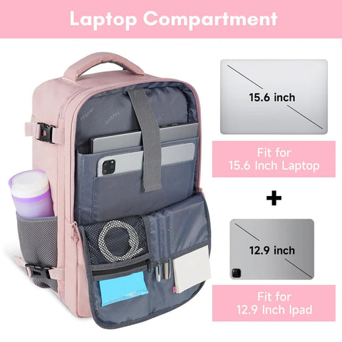 Pink Women Travel Backpack Carry On With Shoe Compartment And Water Bottle Pocket, TSA 15.6 Inch Laptop, open view showing compartments