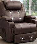 Cozy Leather 360 Degree Swivel Rocker Recliner With Massage, Side Pockets And Cup Holders, Plush Dark Brown Single Sofa For Living Room Bedroom Or Nursery, Great For Adults Who Crave Comfort And Chill, showing front view with visible massage points.