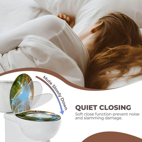 Toilet Seat Round Resin for Bathroom, soft close feature, illustrated with tranquil nature design, enhancing bathroom aesthetics.
