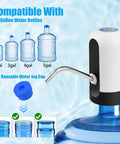 5 Gallon Water Dispenser Pump With USB Charging shown attached to water jug, compatible with 2-5 gallon bottles, reusable cap included.