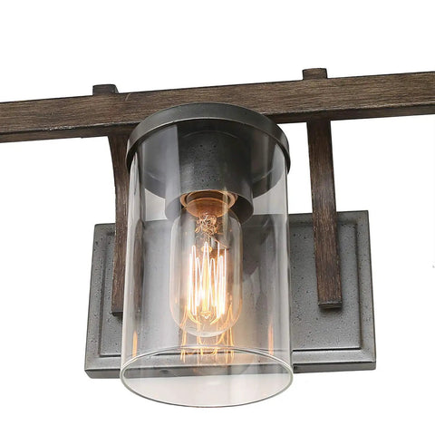 Rustic Faux Wood Three Light Farmhouse Vanity Light With Clear Glass Shades Distressed Black Backing And Decorative Panels Perfect Bathroom Fixture For Warm Ambience Simple Modern Farmhouse Style Upgrade close-up
