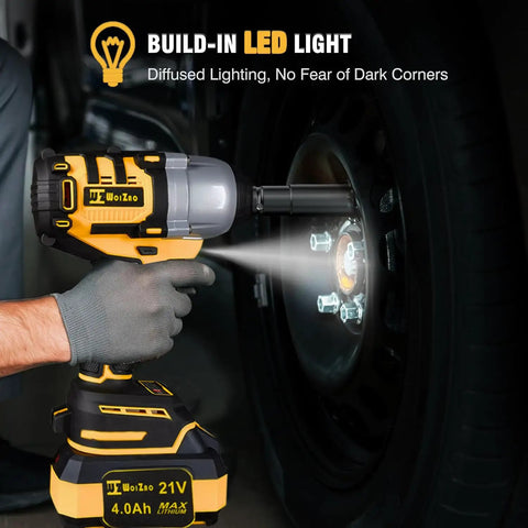 Badass Half Inch Brushless Cordless Impact Wrench Killer Performance 650 Ft Lbs Torque in use with LED light on wheel bolts.