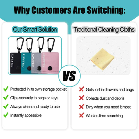 Infographic comparing microfiber eyeglass cleaning keychains (4 colors) with carabiners to traditional cleaning cloths.