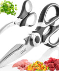 Everyday Kitchen Workhorse All Purpose Kitchen Shears And Seafood Scissors Set With Lifetime Replacement Warranty Heavy Duty Stainless Steel Cutters For Cooking Prep And Seafood Ergonomic Handles And Sharp Blades For Quick Easy Kitchen Wins. 8-inch shears and 7-inch seafood scissors on white