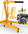 Built Tough Folding Engine Hoist With Quick Adjust Leveler And Rock Solid 6400 Lbs Alloy Steel Capacity, lifting engine in garage.