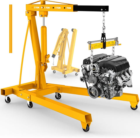 Built Tough Folding Engine Hoist With Quick Adjust Leveler And Rock Solid 6400 Lbs Alloy Steel Capacity, lifting engine in garage.