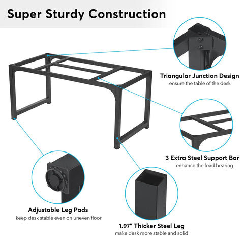 Massive 63-Inch Wide Computer Desk With 31.5-Inch Depth, sturdy black metal frame with support bars and adjustable legs