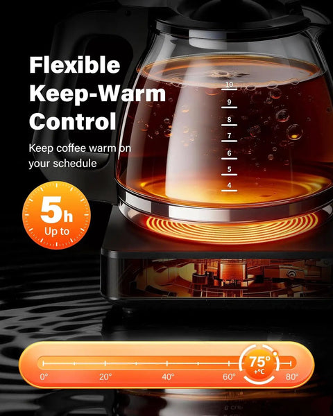 Programmable 10 Cup Drip Coffee Maker With Brew Pause, Adjustable Brew Strength, Keep Warm Control displaying hot coffee pot