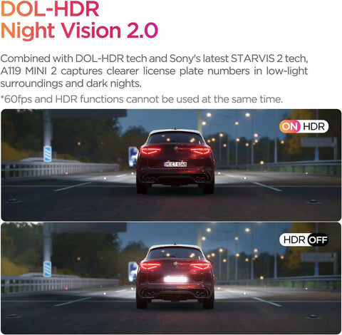 Car rear view with HDR on and off comparison, showing night visibility enhancement with 2K Dash Cam With 60FPS HDR Dope Night Vision STARVIS 2 Sensor
