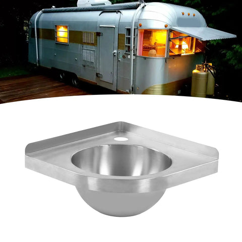 Wall Mount Triangle Stainless Steel Sink For Kitchen And RV Caravan Boat 12 By 12 Inch Corner Basin Mini Vanity Hand Wash Bar Sink Single Bowl Built To Last 304 Stainless Steel With Brushed Finish in front of a caravan