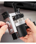 Rock Solid 58mm Wdt Coffee Distribution Tool With Twelve Precision Needles For Even Espresso Pulls Adjustable Depth features adjustable knob in hand.