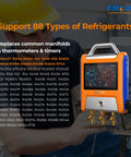 EMG-20V 2-Valve HVAC Manifold With 5 Inch Touchscreen, Bluetooth App Enabled Pro Grade Digital Gauge Kit For Real Time Pressure Temperature And Vacuum Readouts, Graphical Data, Export, And On The Fly Analysis on orange unit with brass ports