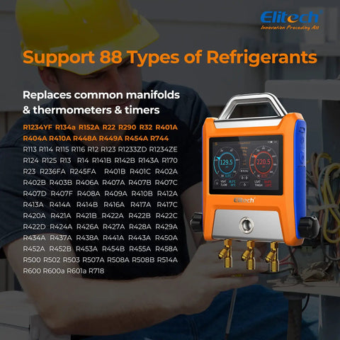 EMG-20V 2-Valve HVAC Manifold With 5 Inch Touchscreen, Bluetooth App Enabled Pro Grade Digital Gauge Kit For Real Time Pressure Temperature And Vacuum Readouts, Graphical Data, Export, And On The Fly Analysis on orange unit with brass ports