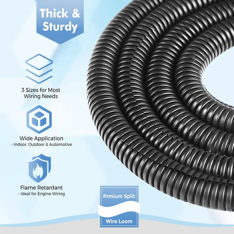 Dope Wire Loom Kit For Vehicle Wiring, Flame Retardant Split Tubing Set, close-up of black coiled conduit sleeves