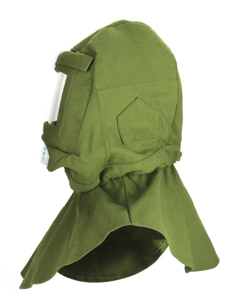 Side view of green Sand Blasting Hood Cap Shawl Mask For Full Face And Shoulder Shield Anti Dust Wind Resistant Sandblasting Mask