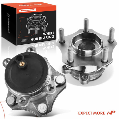 Two Pack Rear Wheel Bearing And Hub Assembly With 5 Lug Compatible With Mazda 3 2014 2015 2016 2017 2018 High Load Ball Bearing For Smooth Quiet Ride And Easy Replacement, shown with packaging displaying wheel hub and bearing details.