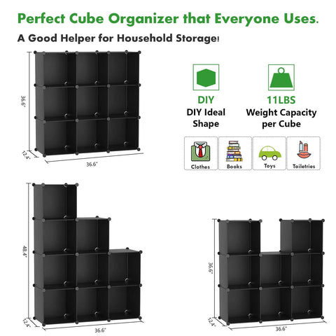 Nine Cube Storage Shelf for Easy Organization, DIY Stackable Bookcase, Plastic Closet Organizer and Modular Shelving Unit in black, three configurations shown; dimensions 36.6 inches long, 12.4 inches wide, 48.4 inches high