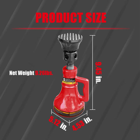 Image of Beefy 5 Ton Screw Jack For Vehicles And Home Projects, Heavy Duty Car Support Jack With Height Adjustable 9.5 To 13.4 Inches, Red, Capacity 10,000 Lbs, Built On A Stable Bell Base For Bridge Stabilization And Pro Level Lifts, showing product dimensions and net weight.