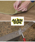 Heavy Duty Double Sided Nano Tape Clear Adhesive for walls and decor, securing carpet on floor and cutting tape with scissors.