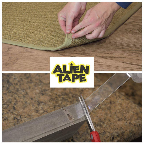 Heavy Duty Double Sided Nano Tape Clear Adhesive for walls and decor, securing carpet on floor and cutting tape with scissors.
