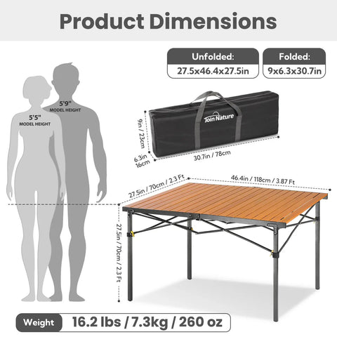 Product dimensions for 46.4 Inch Large Camping Table For Two To Six People Beefy Built Heavy Duty Foldable Aluminum Roll Up Top Carry Bag 220lbs Capacity Portable For BBQ Tailgating Backyard Natural Finish.