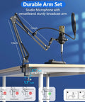 Studio microphone on versatile durable arm, BM-800 Condenser Microphone Podcast Bundle With Live Sound Card And Mixer setup on desk.