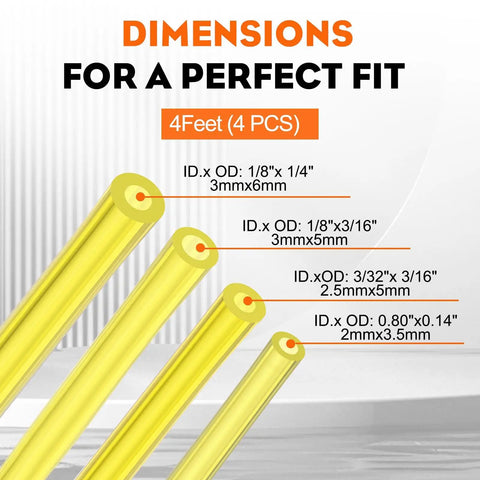 Gas Fuel Line Hose Kit For Small Engines Four Size Tubing Pack Each Four Feet I.D. x O.D. 1/8 x 3/16, 3/32 x 3/16, 1/8 x 1/4, 0.08 x 0.14 Inches Ideal For Chainsaws, Lawns, Trimmers, Weed Eaters And Blowers product dimensions
