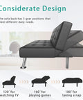 Futon Sofa Bed Convertible Lounge With Adjustable Back Three Positions 120 160 180 Degrees, black PU leather, recline angles