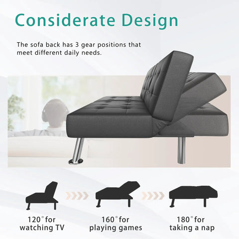 Futon Sofa Bed Convertible Lounge With Adjustable Back Three Positions 120 160 180 Degrees, black PU leather, recline angles