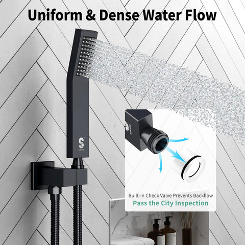 Ceiling Mounted Shower System With Rain Shower Head, Matte Black Finish, 10 Inch Shower Kit, hand shower close-up