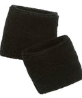 Black Terry Cloth Wrist Sweatbands For Adults, Thick Absorbent Cotton, Unisex Pair, shown in soft black fabric with elastic fit.