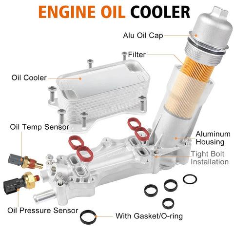 Beefed-Up Full Aluminum Engine Oil Filter Housing And Oil Cooler Kit for 3.6L V6 Cars and SUVs with labeled parts.