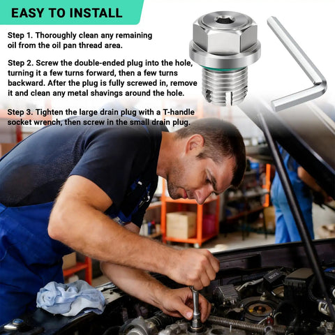 Mechanic using Oversize Piggyback Oil Drain Plug Kit Stainless Steel Self Tapping Oil Pan Thread Repair With O Ring And L Wrench Size M14