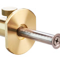 Close-up view of the Professional Grade Brass Wheel Marking Gauge Kit Including Two Spare Cutter Wheels And Precise Metric Micro Adjuster Ruler.