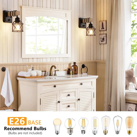 Badass Dimmable Wall Sconces Set Of Two With Rotary Switch And Black Metal Cage With Wooden Post Featuring Hardwired Farmhouse Wall Lamps For Your Great Home Glow in a bathroom setting with a mirror.