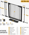Extra Wide Baby Gate For Stairs And Pets Adjustable From 29.7 To 50 Inches Wide 30.5 Inches Tall Heavy Duty Steel Gate Charcoal Keeps Kids And Large Pets Contained And Safe Easy To Install package contents diagram