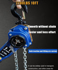 Lever Chain Hoist 2200 Lbs Capacity With 10 Ft Lift Height 1 Ton Industrial Grade Chain Hoist in use, close-up on hook and chain.